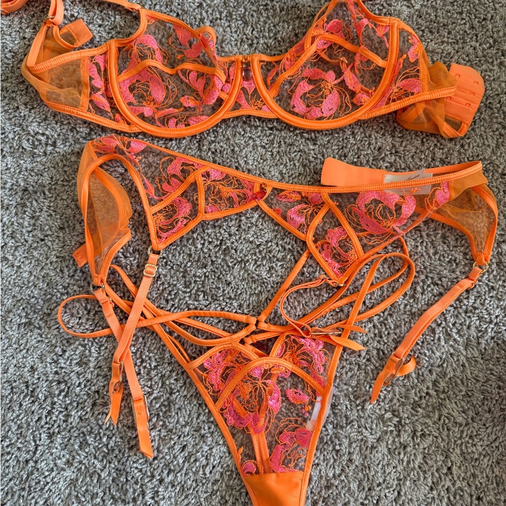 Honey Birdette Orange and Pink Lace Bra Set